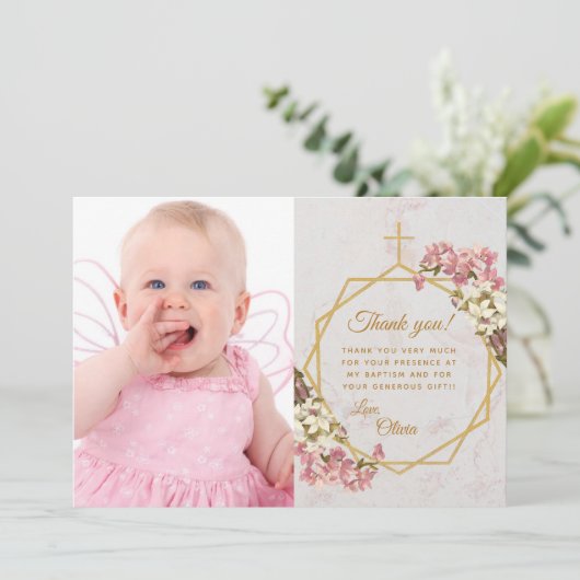 ガールバプテスマ金ゴールドクロス大理石ピンクホワイトラン サンキューカード (スタンド正面)