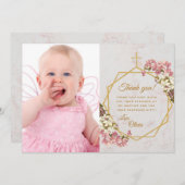 ガールバプテスマ金ゴールドクロス大理石ピンクホワイトラン サンキューカード (正面/裏面)