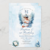 ガールバプテスマ&第1バースデーブルーフローラクロス 招待状 (正面/裏面)