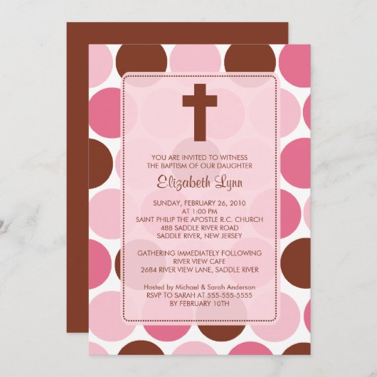 ガールバプテスムスニムーブラウン&ピンク水玉模様 招待状 (正面/裏面)