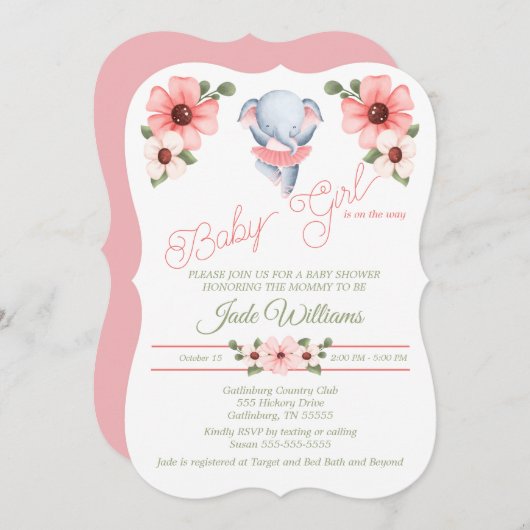 ガールバレリナエレファントベビーシャワー招待状 招待状 (正面/裏面)