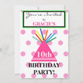ガールバースデーパーティーハットピンク水玉模様 招待状 (正面)