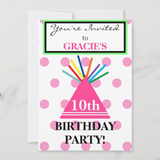 ガールバースデーパーティーハットピンク水玉模様 招待状 (正面)