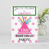 ガールバースデーパーティーハットピンク水玉模様 招待状 (スタンド正面)