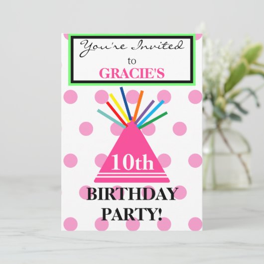 ガールバースデーパーティーハットピンク水玉模様 招待状 (スタンド正面)