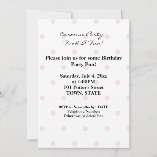 ガールバースデーパーティーハットピンク水玉模様 招待状 (裏面)