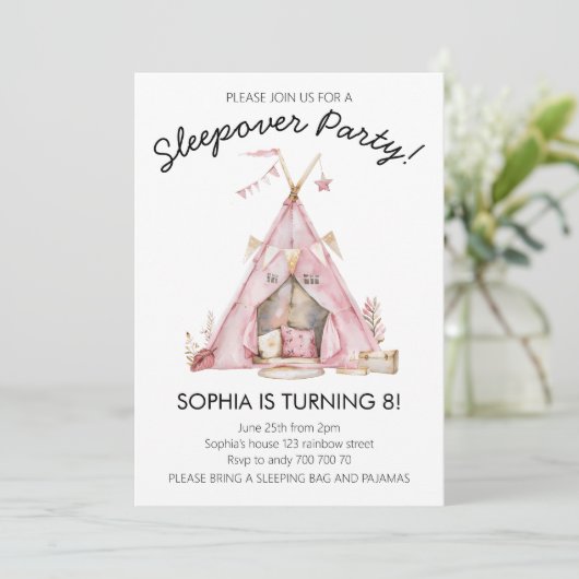 ガールパジャマパーティーグランピングテントスリープバー誕生日 招待状 (スタンド正面)
