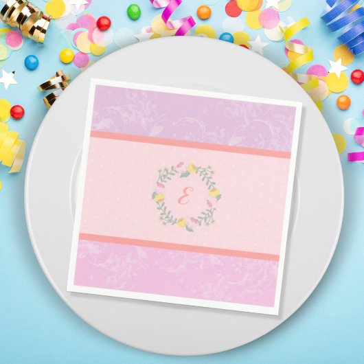 ガールパステルピンク&ラベンダーフローラモノグラムキッド スタンダードカクテルナプキン