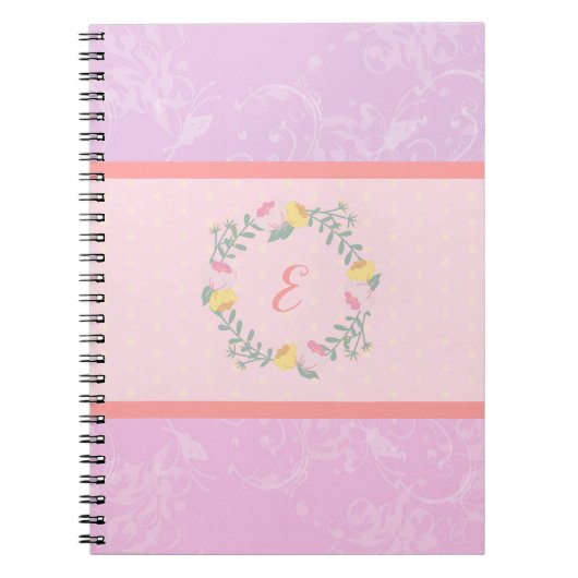 ガールパステルピンク&ラベンダーフローラモノグラム ノートブック (正面)