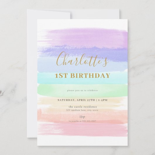 ガールパステルレインボーファースト誕生日招待状 招待状 (正面)