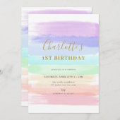 ガールパステルレインボーファースト誕生日招待状 招待状 (正面/裏面)
