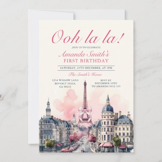 ガールパリパティスリー1stピンクボウ誕生日パーティー 招待状 (正面)