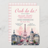 ガールパリパティスリー1stピンクボウ誕生日パーティー 招待状 (正面/裏面)