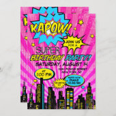 ガールパワーすごいヒーロー漫画ブック誕生日 招待状 (正面/裏面)