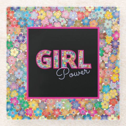 ガールパワー |ピンクガーリーの美しい山花女性 ガラスコースター (正面)