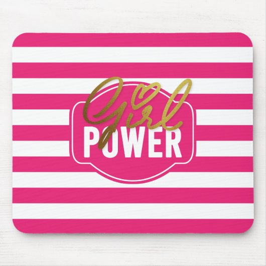 ガールパワー-ピンクホワイト&金ゴールドストライプマウスパッド マウスパッド (正面)