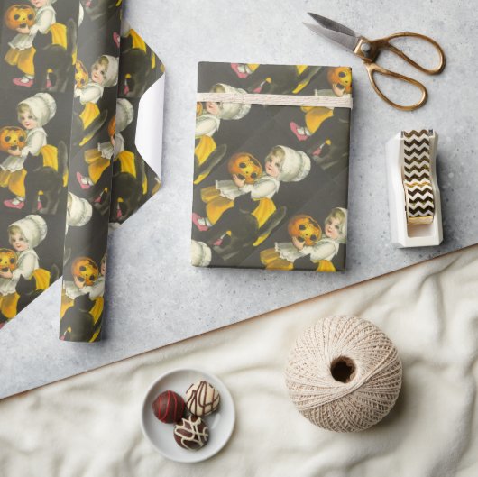 ガールパンプキンキャットヴィンテージハロウィーンラッピング紙 ラッピングペーパー (クラフト)