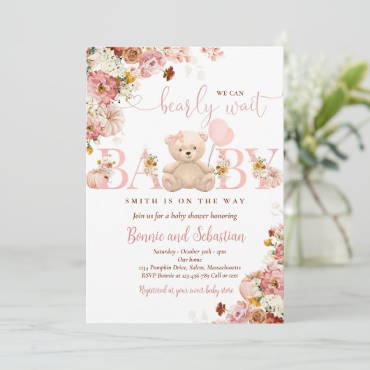 ガールパンプキンテディベアフローラ秋ベビーシャワー 招待状 (スタンド正面)