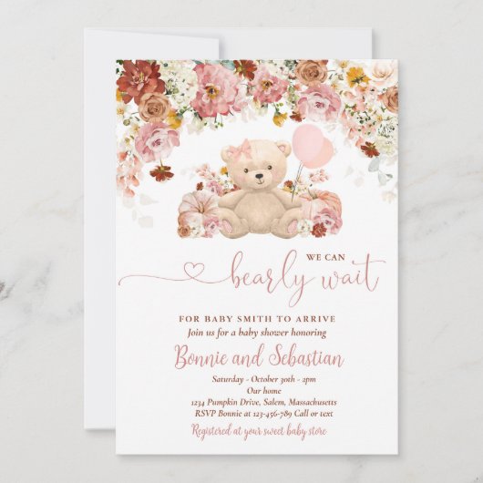 ガールパンプキンテディベアフローラ秋ベビーシャワー 招待状 (正面)