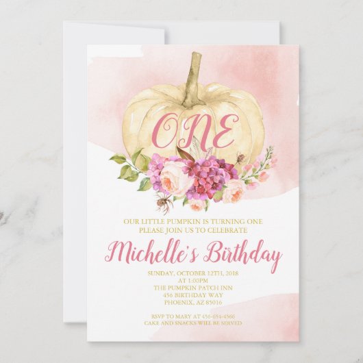 ガールパンプキンピンク金ゴールド第1誕生日水彩 招待状 (正面)