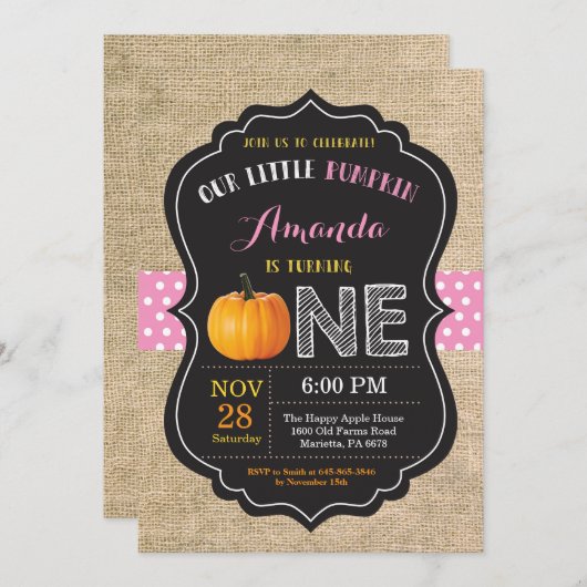 ガールパンプキンファースト誕生日招待状バーラップ 招待状 (正面/裏面)