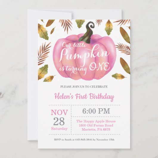 ガールパンプキンファースト誕生日招待状ピンク 招待状 (正面)