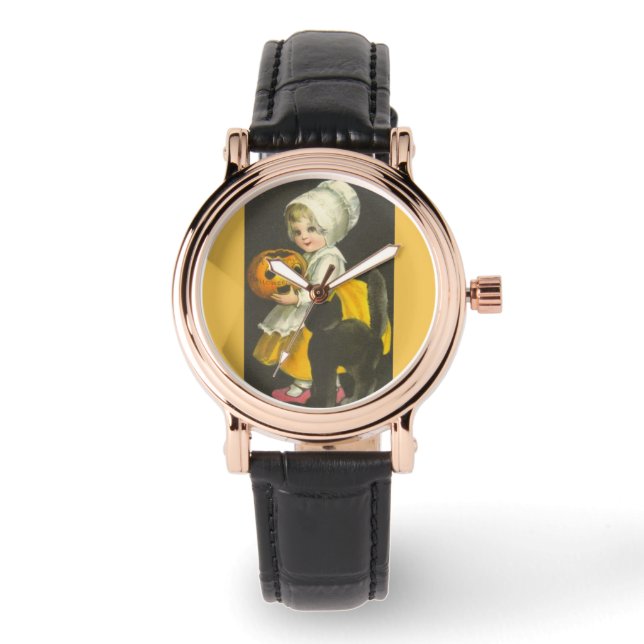 ガールパンプキンブラックキャットヴィンテージハロウィンウォッチ 腕時計 (正面)