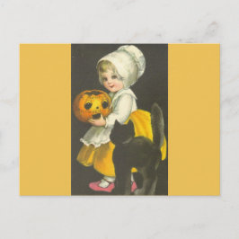 ガールパンプキンブラックキャットヴィンテージハロウィンポストカード ポストカード