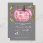 ガールパンプキン秋ベイビーシャワーピンク&ゲイリー 招待状 (正面/裏面)