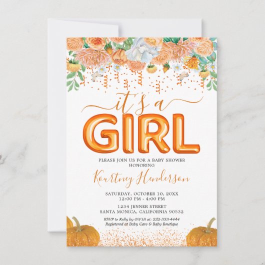 ガールパンプキン秋ベビーシャワー招待状 招待状 (正面)