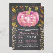 ガールパンプキン秋ベビーシャワー金ゴールドグリッター 招待状 (正面/裏面)