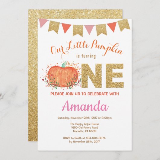 ガールパンプキン秋誕生日招待状金ゴールドグリッター 招待状 (正面/裏面)