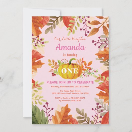 ガールパンプキン秋誕生日招待状 招待状 (正面)