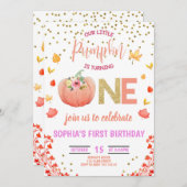 ガールパンプキン1st誕生日ワン金ゴールドグリッターピンク 招待状 (正面/裏面)