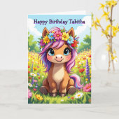 ガールパーソナライズされたズ誕生日ポニーテーマ カード (黄色い花)
