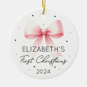 ガールパーソナライズされたベビー初めてのクリスマスピンクボウ セラミックオーナメント (正面)