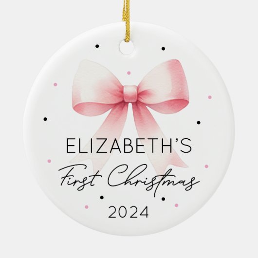 ガールパーソナライズされたベビー初めてのクリスマスピンクボウ セラミックオーナメント (裏面)
