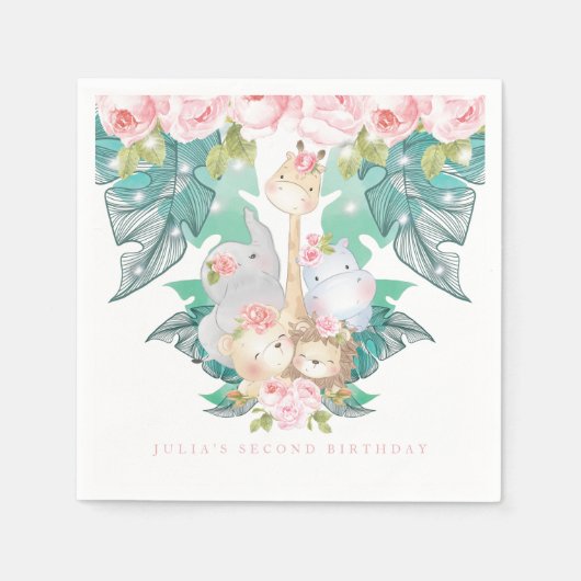 ガールパーソナライズされた誕生日ジャングル動物 スタンダードカクテルナプキン (正面)