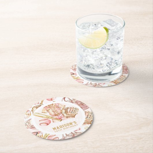 ガールパーソナライズされた誕生日野球 ラウンドペーパーコースター (インサイチュ)