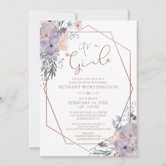ガールパープルウォーター色フローラ赤ちゃんシャワー 招待状 (正面)