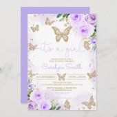 ガールパープルバタフライベビーシャワー招待状 招待状 (正面/裏面)