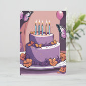 ガールパープルバタフライ誕生日招待状 招待状 (スタンド正面)