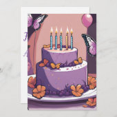 ガールパープルバタフライ誕生日招待状 招待状 (正面/裏面)