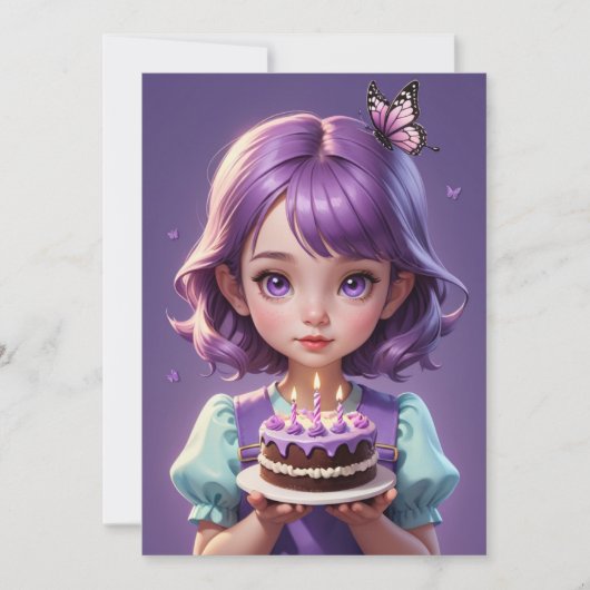 ガールパープルバタフライ誕生日招待状 招待状 (正面)