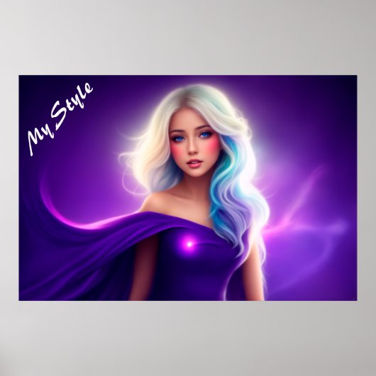 ガールパープルブロンドエレガントネオンピンクのレディーアート ポスター (正面)