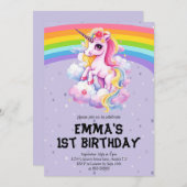 ガールパープルレインボインユニコーンガーリー1st誕生日 招待状 (正面/裏面)