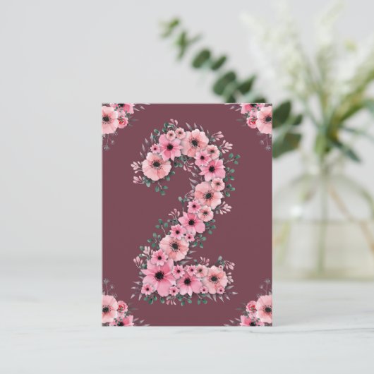 ガールビッグ2歳の誕生日ピンクの花々緑の葉 ポストカード (スタンド正面)