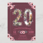 ガールビッグ20誕生日フォトコラージピンクフラワー 招待状 (正面/裏面)