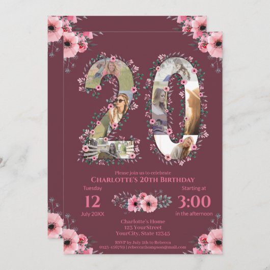 ガールビッグ20誕生日フォトコラージピンクフラワー 招待状 (正面/裏面)