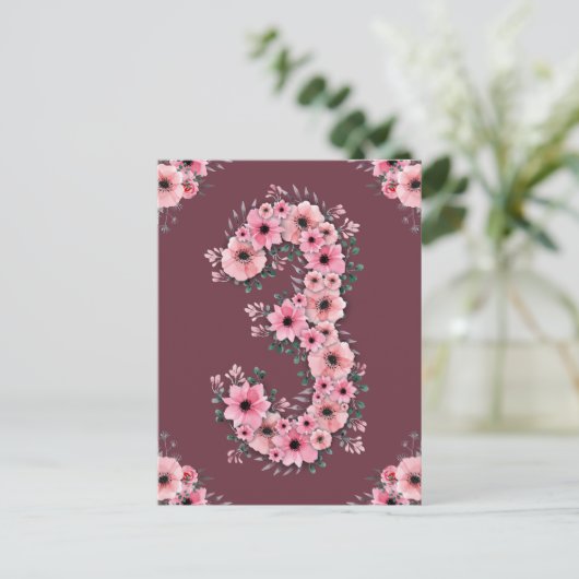 ガールビッグ3歳の誕生日ピンクの花緑の葉 ポストカード (スタンド正面)